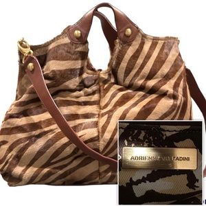 Adrienne Vittadini Zebra Calf Pony Hair Large Bag Mustard Yellow Brown